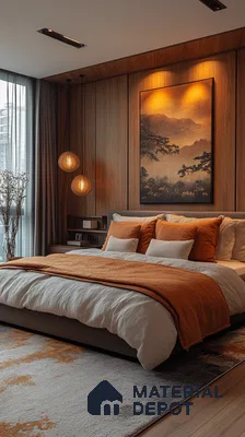 Warm and Inviting Bedroom Design with Wood Paneling and City View Vaishnavi Oasis JP Nagar | Material Depot