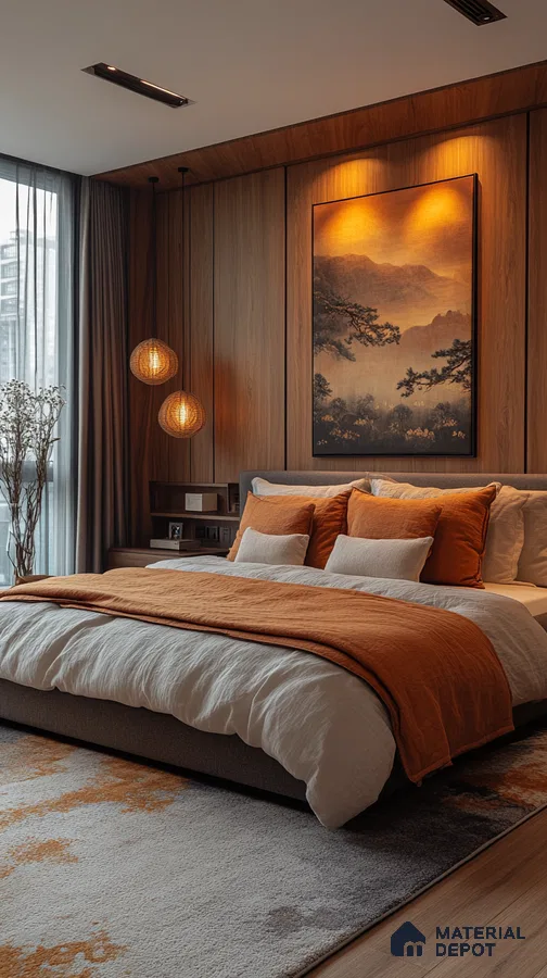 Warm and Inviting Bedroom Design with Wood Paneling and City View Vaishnavi Oasis JP Nagar | Material Depot