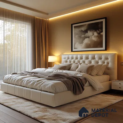 Warm and Inviting Modern Bedroom Design with Tufted Headboard and Jungle View Vaishnavi Serene Yelahanka | Material Depot