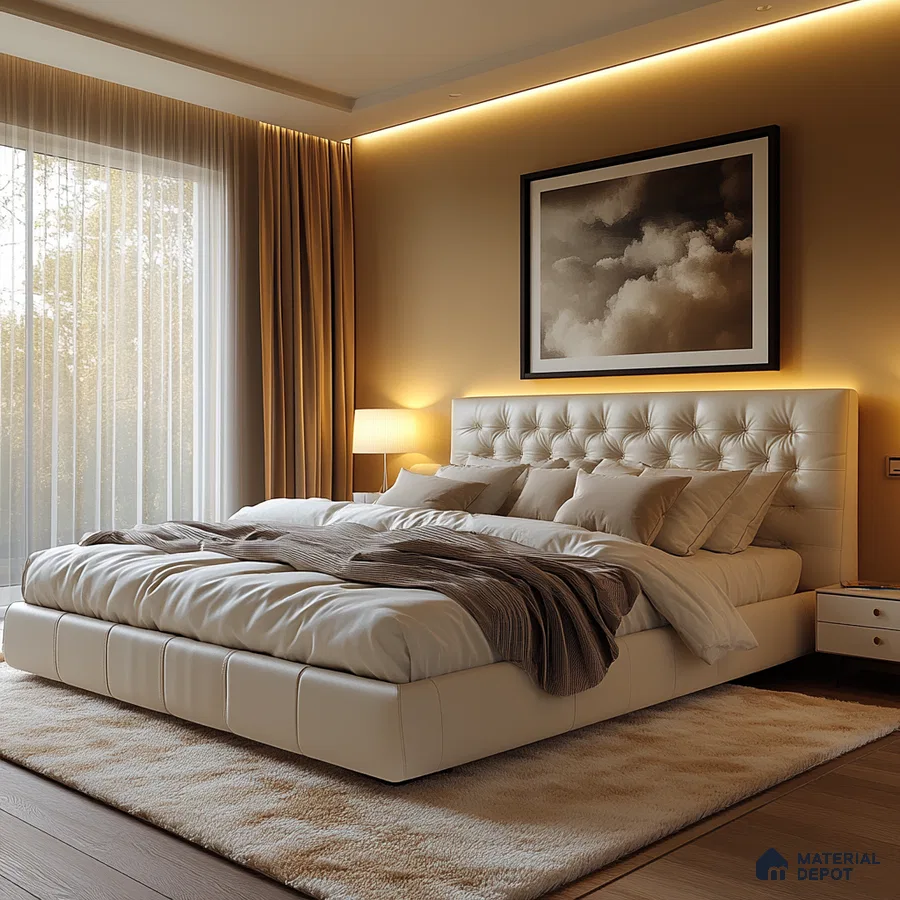 Warm and Inviting Modern Bedroom Design with Tufted Headboard and Jungle View Vaishnavi Serene Yelahanka | Material Depot
