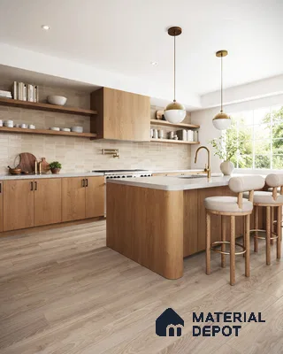 Warm and Inviting Modern Kitchen with Beige and Brown Tiled Backsplash and Wood Flooring | Material Depot