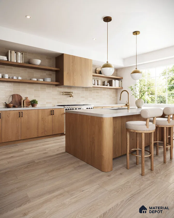 Warm and Inviting Modern Kitchen with Beige and Brown Tiled Backsplash and Wood Flooring | Material Depot