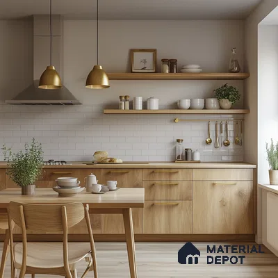 Warm and Inviting Modern Kitchen with Wood Accents and Gold Hardware | Material Depot