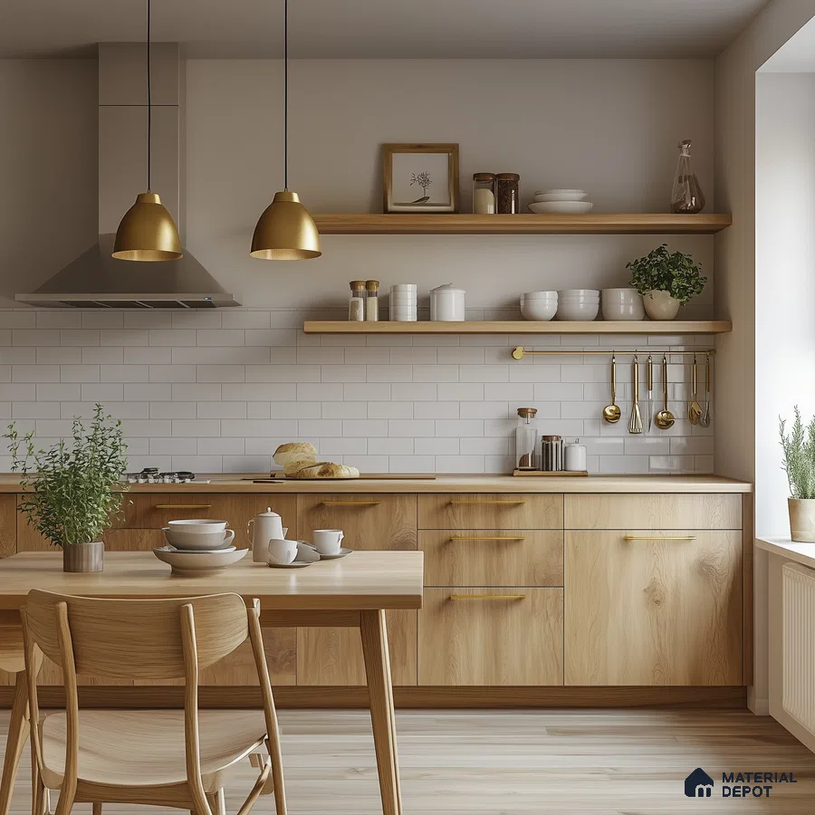 Warm and Inviting Modern Kitchen with Wood Accents and Gold Hardware | Material Depot