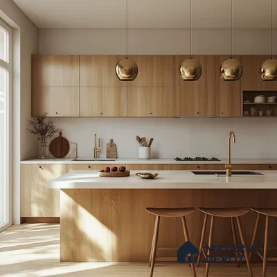 Warm and Inviting Modern Kitchen with Wood Accents and Gold Lighting | Material Depot