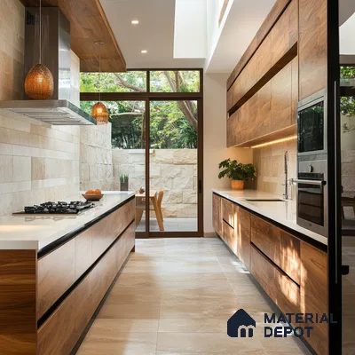 Warm and Inviting Modern Kitchen with Wood Cabinets, Natural Light, and Pendant Lighting | Material Depot