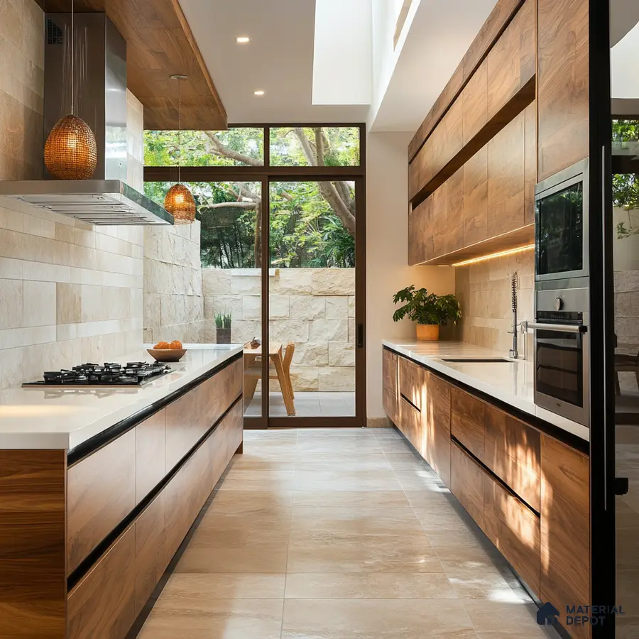Warm and Inviting Modern Kitchen with Wood Cabinets, Natural Light, and Pendant Lighting | Material Depot