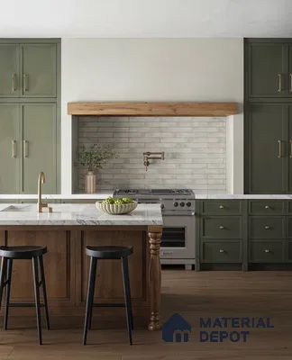 Warm and Inviting Traditional Kitchen with White Tiled Backsplash, Green Cabinets, and Wood Accents | Material Depot