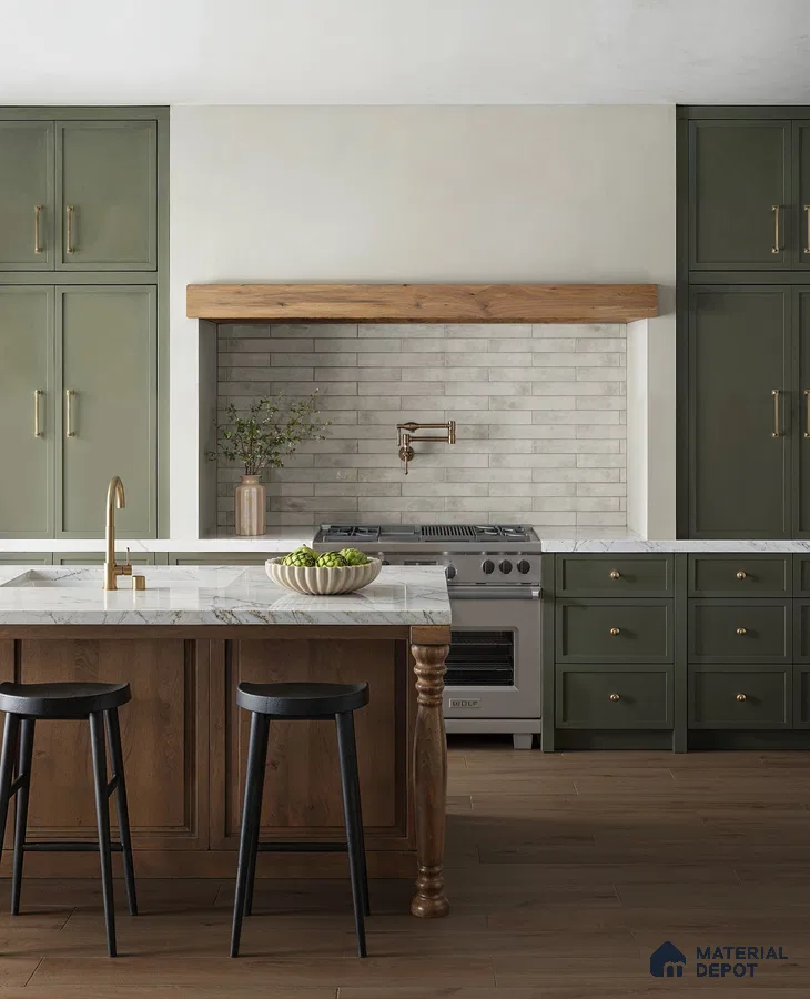 Warm and Inviting Traditional Kitchen with White Tiled Backsplash, Green Cabinets, and Wood Accents | Material Depot