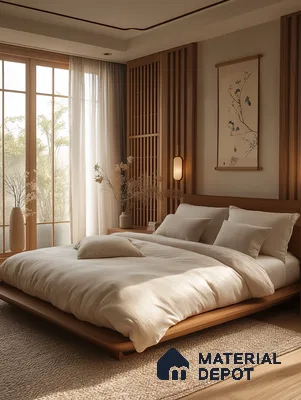 Warm and Minimalist Bedroom Design with Natural Wood Accents Godrej Nurture Electronic City | Material Depot