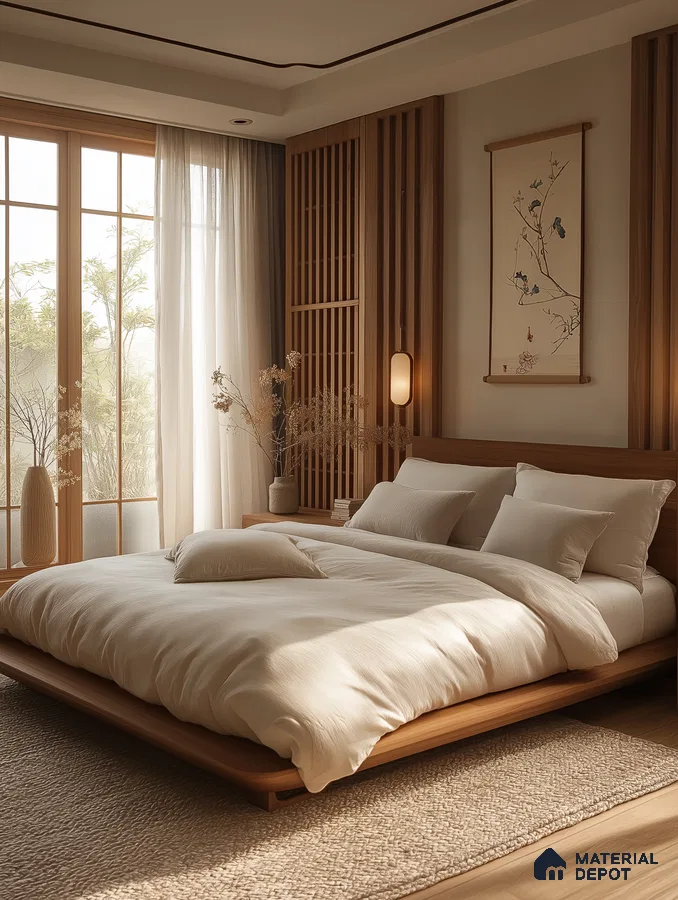 Warm and Minimalist Bedroom Design with Natural Wood Accents Godrej Nurture Electronic City | Material Depot