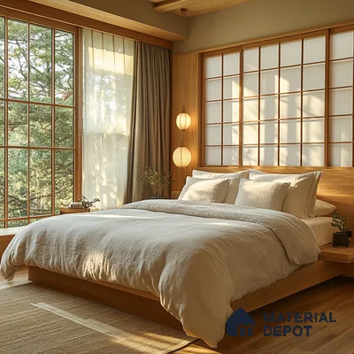 Warm and Minimalist Bedroom Design with Natural Wood Accents and Indoor Plant and Outdoor Plant Salarpuria Sattva Anugraha Vijayanagar | Material Depot
