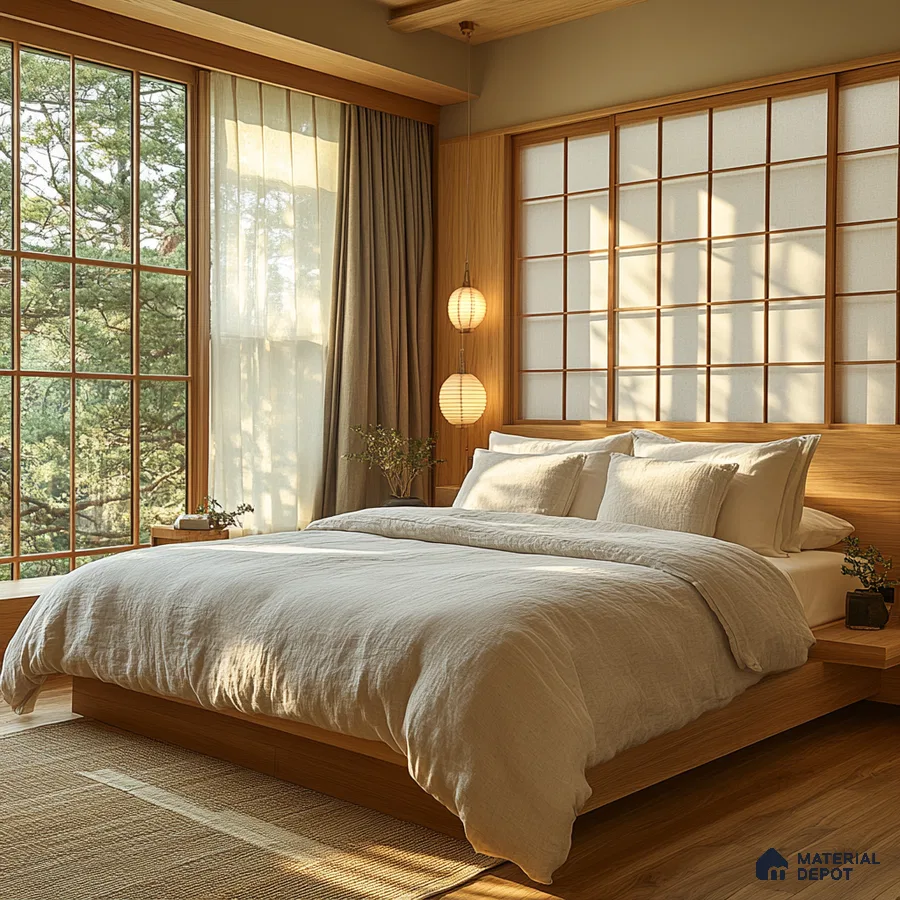 Warm and Minimalist Bedroom Design with Natural Wood Accents and Indoor Plant and Outdoor Plant Salarpuria Sattva Anugraha Vijayanagar | Material Depot