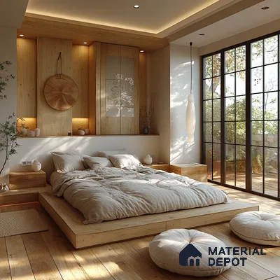 Warm and Minimalist Bedroom Design with Shoji Screen and Paper Lantern View Provident Botanico Whitefield | Material Depot