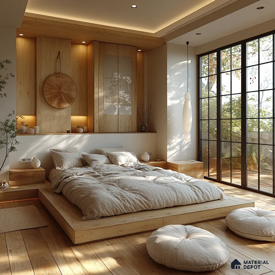 Warm and Minimalist Bedroom Design with Shoji Screen and Paper Lantern View Provident Botanico Whitefield | Material Depot