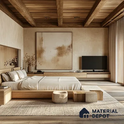 Warm and Modern Bedroom Design with Wood Accents and Abstract Art Prestige Elm Park Whitefield | Material Depot