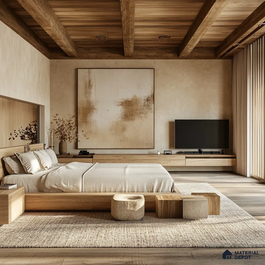 Warm and Modern Bedroom Design with Wood Accents and Abstract Art Prestige Elm Park Whitefield | Material Depot