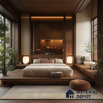 Warm and Modern Bedroom Design with Wood Accents and Indoor Plant Shriram Chirping Grove Sarjapur Road | Material Depot