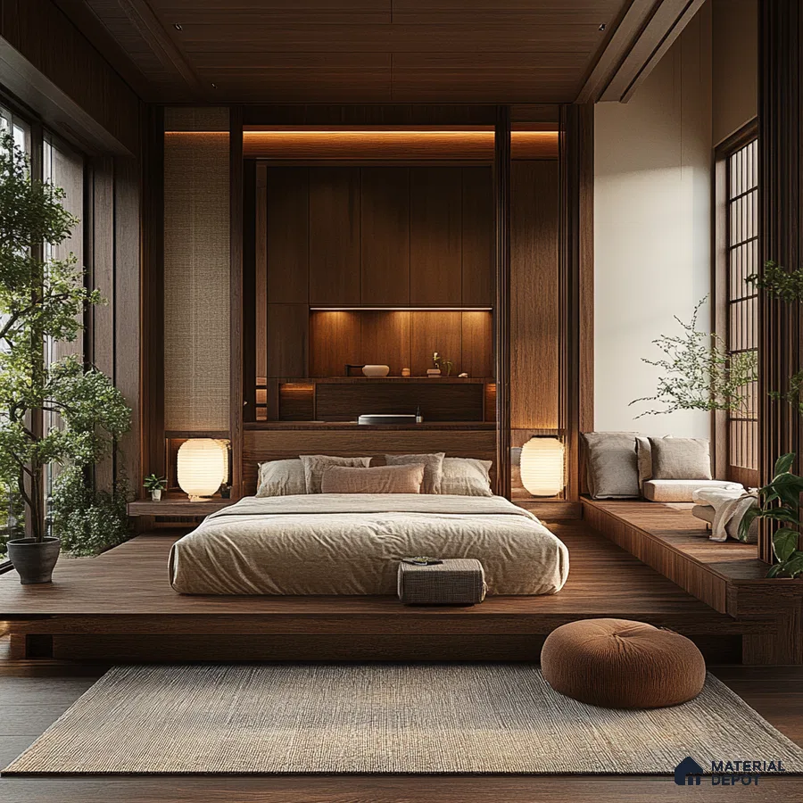 Warm and Modern Bedroom Design with Wood Accents and Indoor Plant Shriram Chirping Grove Sarjapur Road | Material Depot