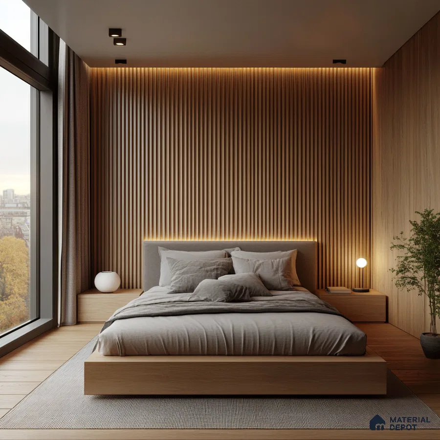 Warm and Modern Bedroom Design with Wood Paneling and Ambient Lighting Sobha Sentosa Panathur Road | Material Depot