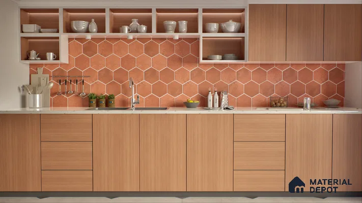 Warm and Modern Kitchen with Orange Hexagonal Backsplash | Material Depot