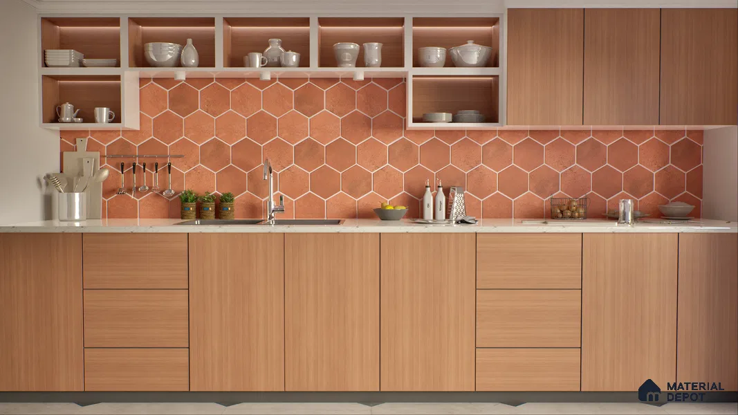 Hexagonal Wall & Floor Tile TL 05275 D Hexalite Terracotta 10 x 9 inch (250x220 mm) Vitrified Matte Finish - 8 mm | 20 Random Faces | Suitable for Living Room, Accent / Feature Walls, Bathroom, Kitchen Wall & Backsplashes