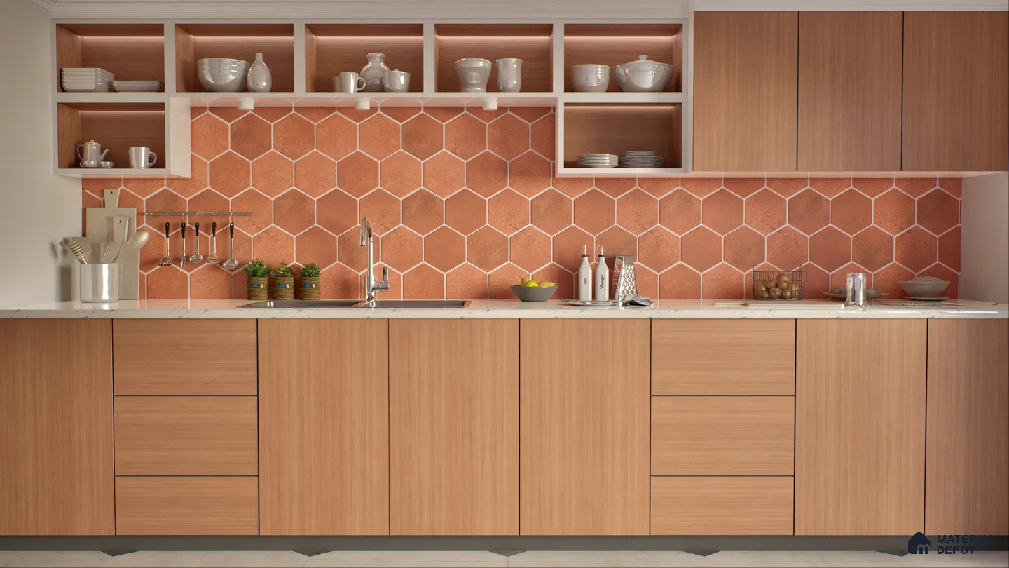 Warm and Modern Kitchen with Orange Hexagonal Backsplash | Material Depot