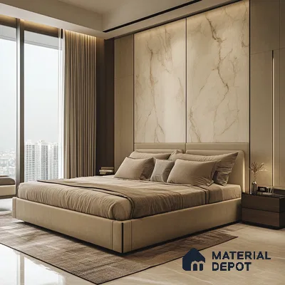 Warm and Modern Marble Bedroom Design with Grey Wall Panel Provident Capella Whitefield | Material Depot