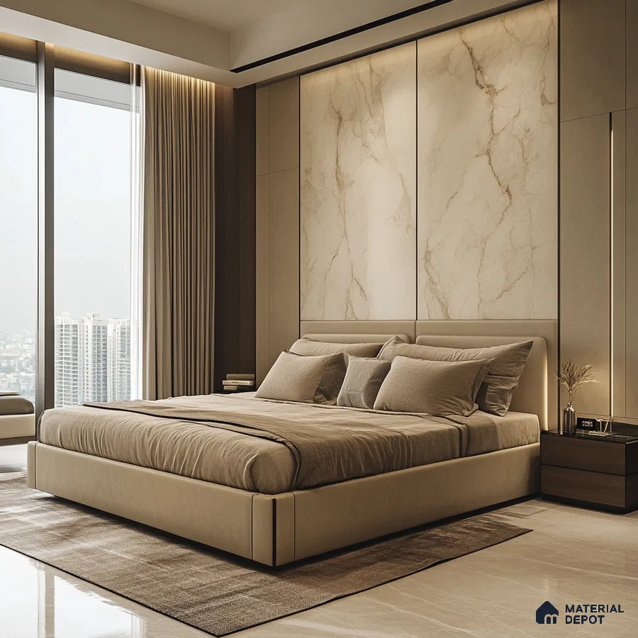 Warm and Modern Marble Bedroom Design with Grey Wall Panel Provident Capella Whitefield | Material Depot