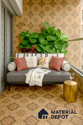 Warm Balcony Nook with Moroccan Pattern Tiles & Cozy Daybed in Prestige Misty Waters, Hebbal | Material Depot