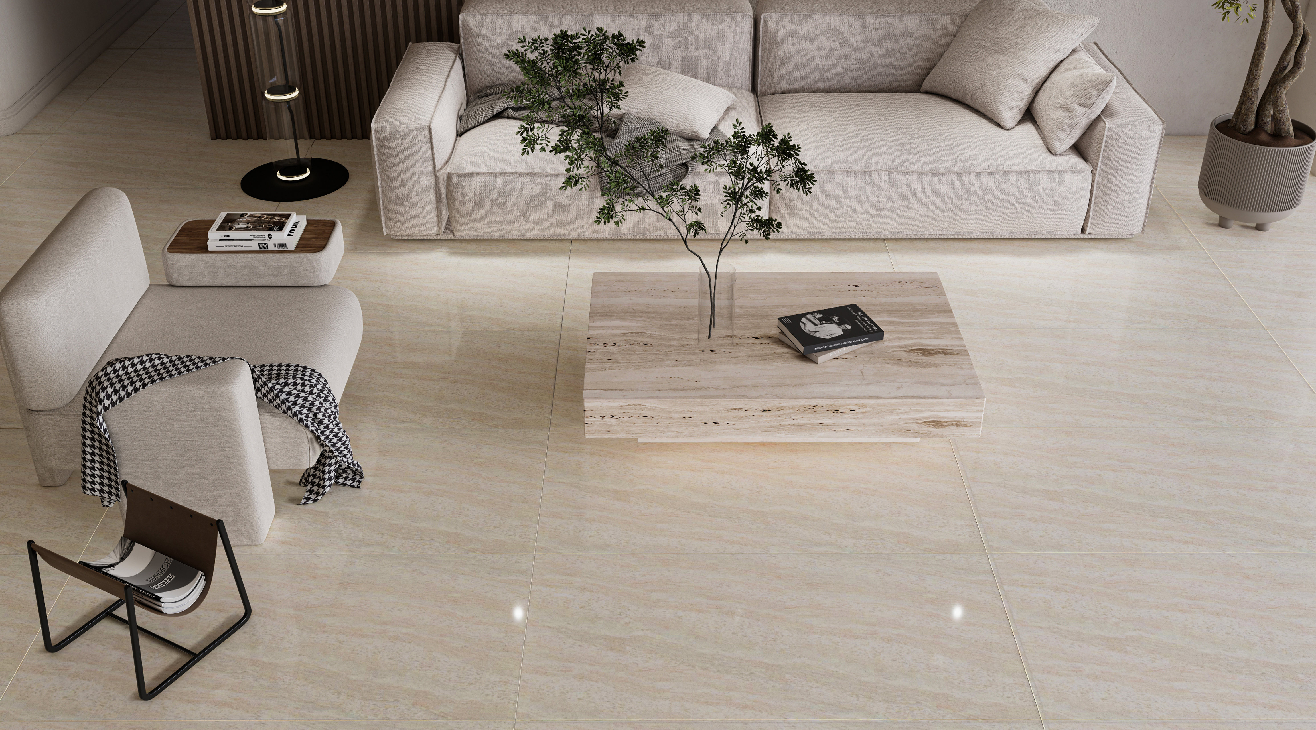 Warm Beige Living Room with Travertine-Inspired Flooring | Material Depot
