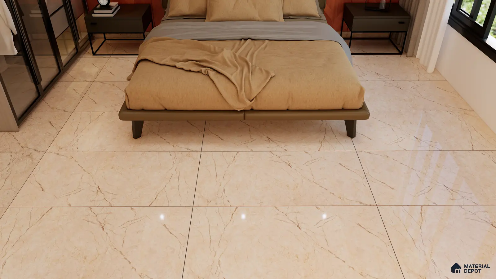 Warm Beige Marble Look Tiles for Cozy Bedroom Interiors | Material Depot