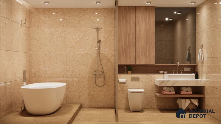 Warm Beige Marble-Look Bathroom Tiles with Freestanding Bathtub Design | Material Depot