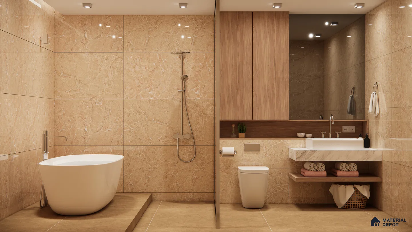 Warm Beige Marble-Look Bathroom Tiles with Freestanding Bathtub Design | Material Depot