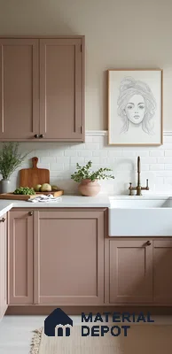 Warm Blush Pink Kitchen With Shaker Cabinets And Classic White Subway Tile Backsplash | Material Depot