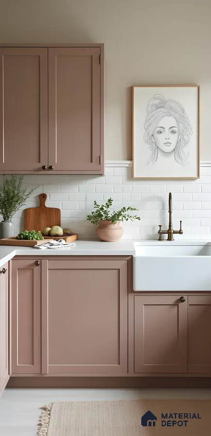 Warm Blush Pink Kitchen With Shaker Cabinets And Classic White Subway Tile Backsplash | Material Depot