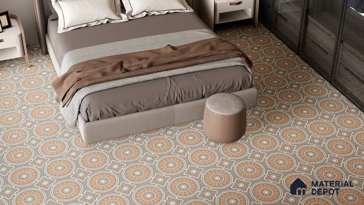 Warm Brown Bedroom with Traditional Circular Motif Floor Tiles | Material Depot