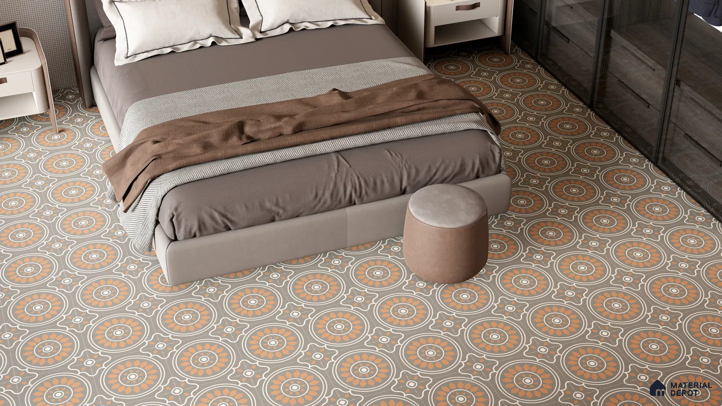 Warm Brown Bedroom with Traditional Circular Motif Floor Tiles | Material Depot