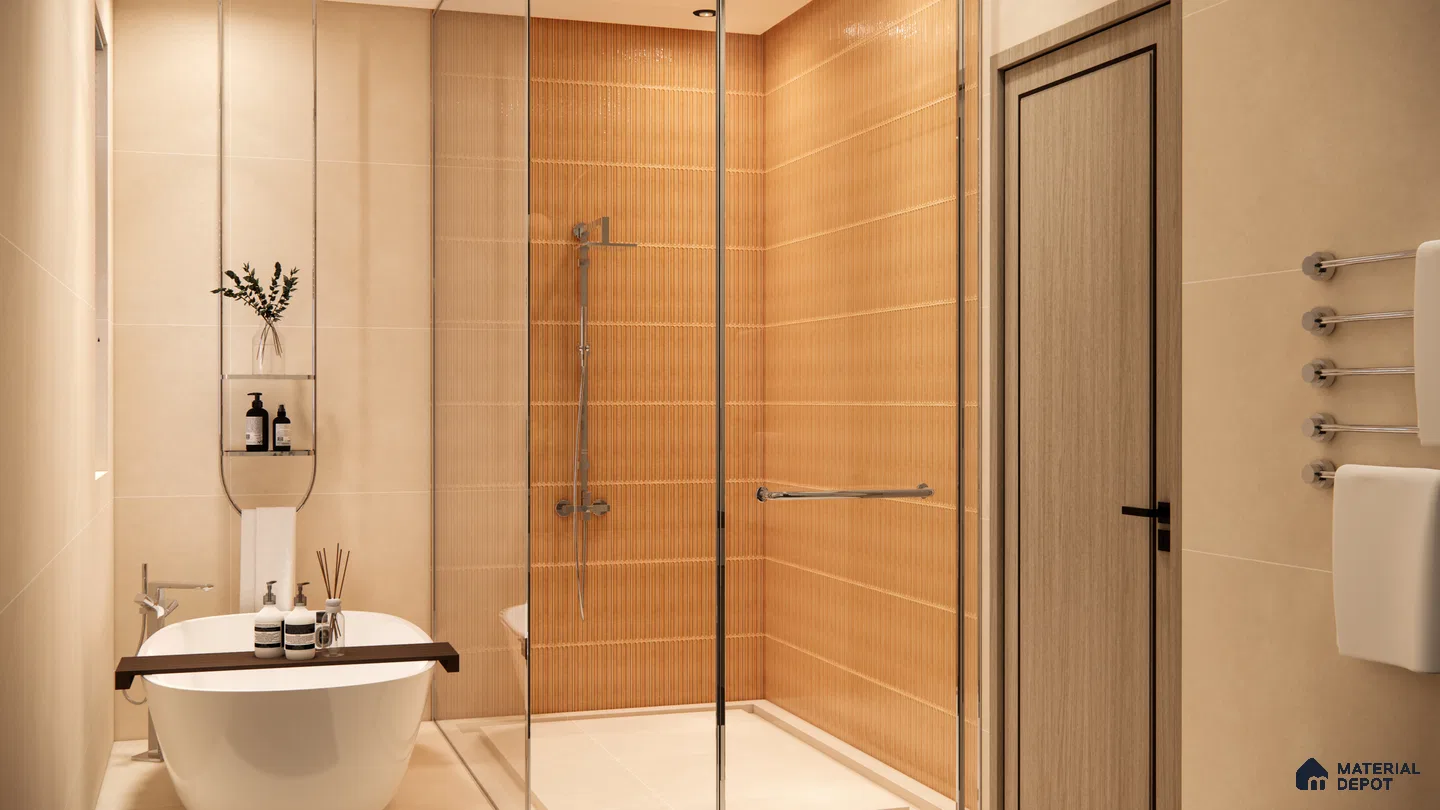 Warm Beige Bathroom with Fluted Accent Shower Wall | Material Depot