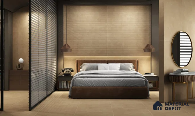 Warm Earthy Bedroom with Fluted Tiles and Elegant Brown Tones | Material Depot