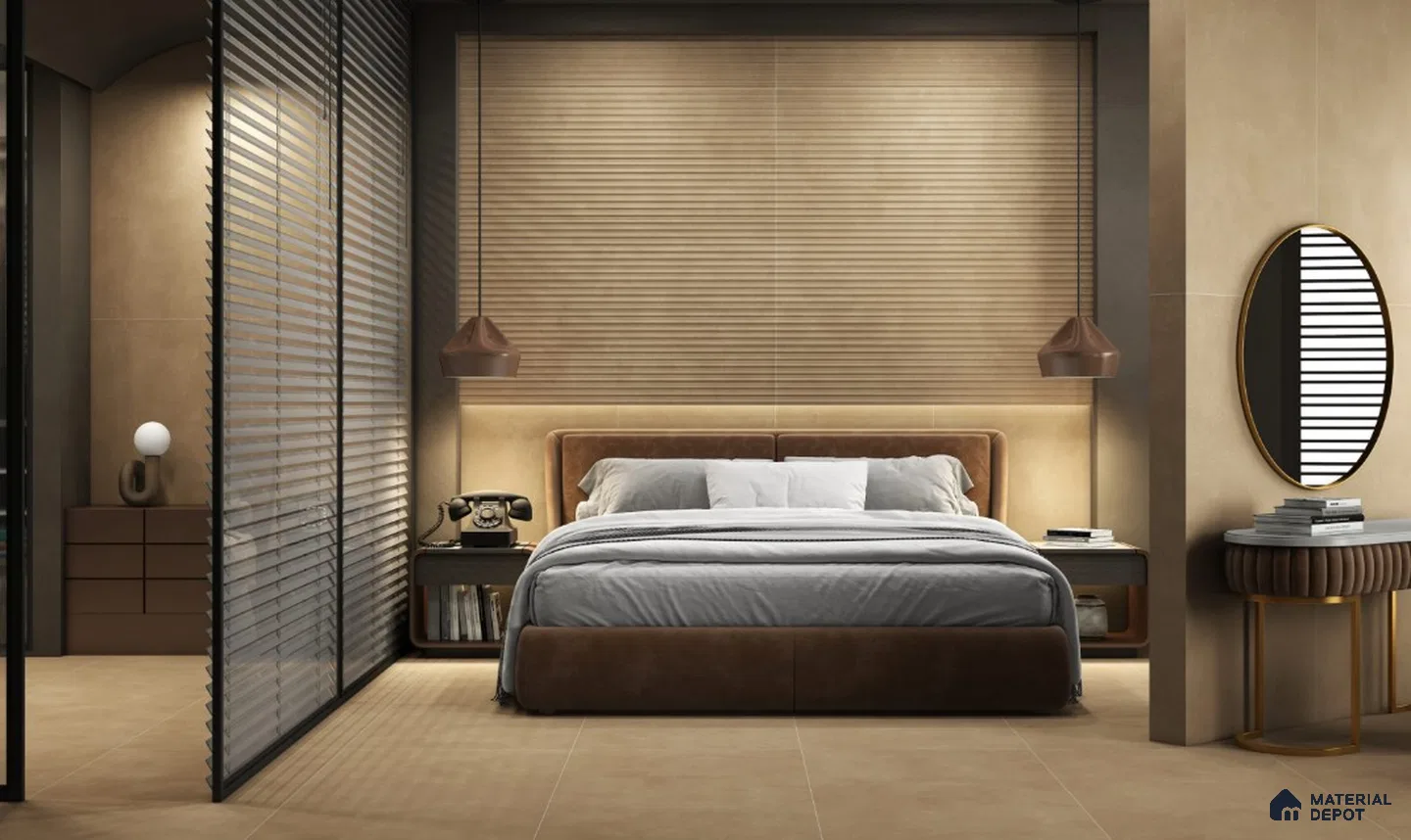 Warm Earthy Bedroom with Fluted Tiles and Elegant Brown Tones | Material Depot