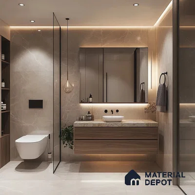 Warm Elegance: Sophisticated Bathroom with Marble Accents and Wooden Details | Material Depot