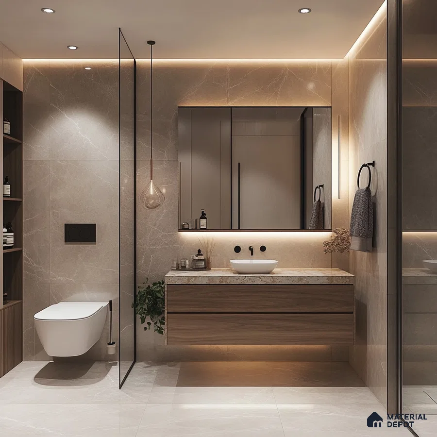 Warm Elegance: Sophisticated Bathroom with Marble Accents and Wooden Details | Material Depot