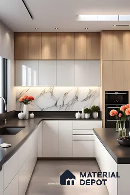 Warm Elegance: Two-Tone Kitchen With Marble Backsplash And Wood Accents | Material Depot