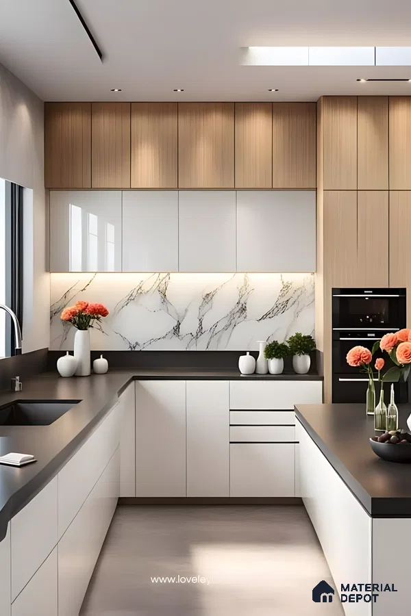 Warm Elegance: Two-Tone Kitchen With Marble Backsplash And Wood Accents | Material Depot