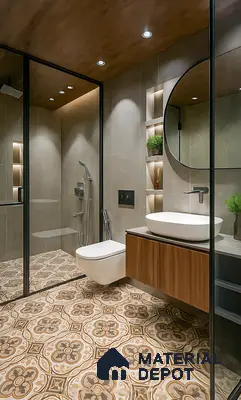 Warm & Elegant Bathroom with Moroccan Floor Tiles, Floating Wood Vanity, Soft Lighting & Glass Shower Partition | Material Depot