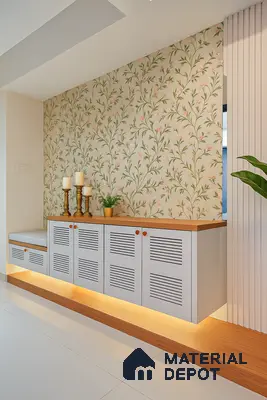 Warm Foyer with Nature-Print Wallpaper, Underlit Shoe Cabinet & Bench Seating in Prestige Misty Waters Hebbal | Material Depot