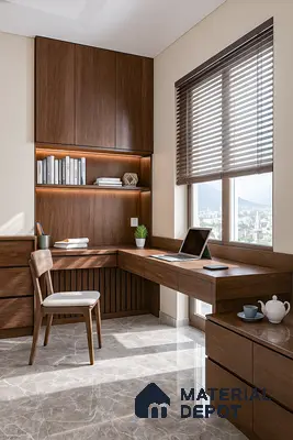 Warm Home Office with Walnut Veneer Study Unit, Built-in Storage, Backlit Shelves & Glossy Marble Floor in Prestige Misty Waters Hebbal | Material Depot