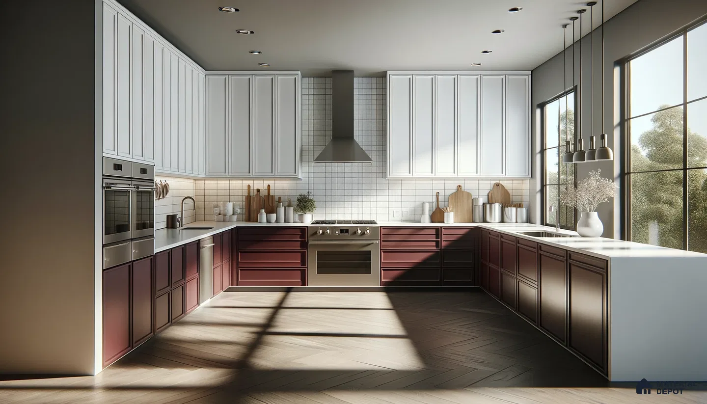 Warm Light Bathes Chic Maroon and Cream Modern Kitchen Elegance | Material Depot