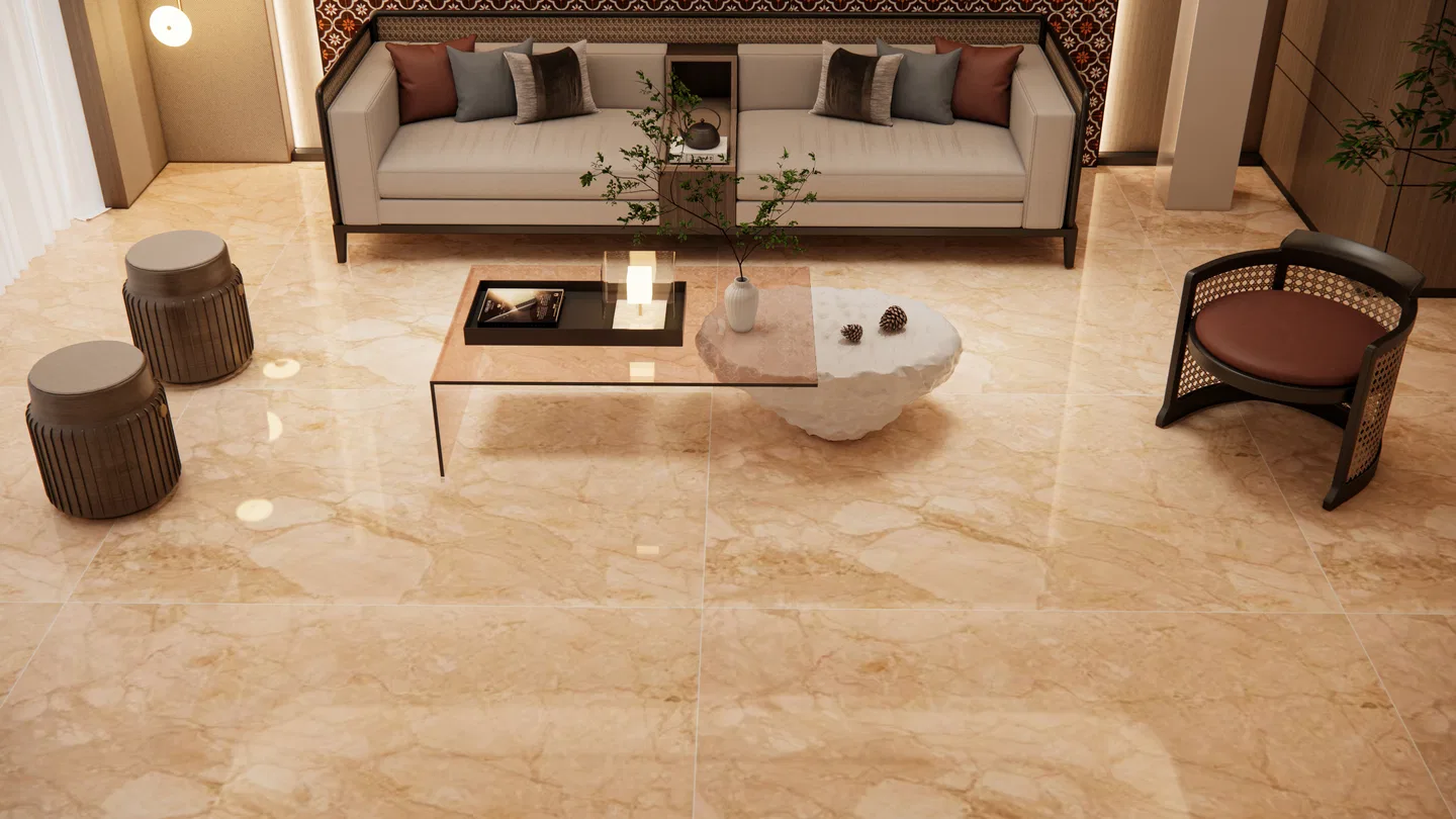 Modern living room with glossy beige marble floor tiles and neutral ...